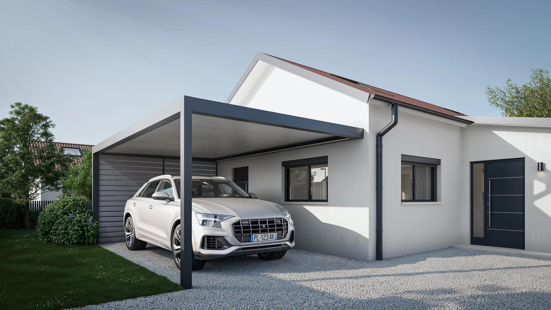 Carport aluminium anthracite toit plat adossé à la maison, Gironde