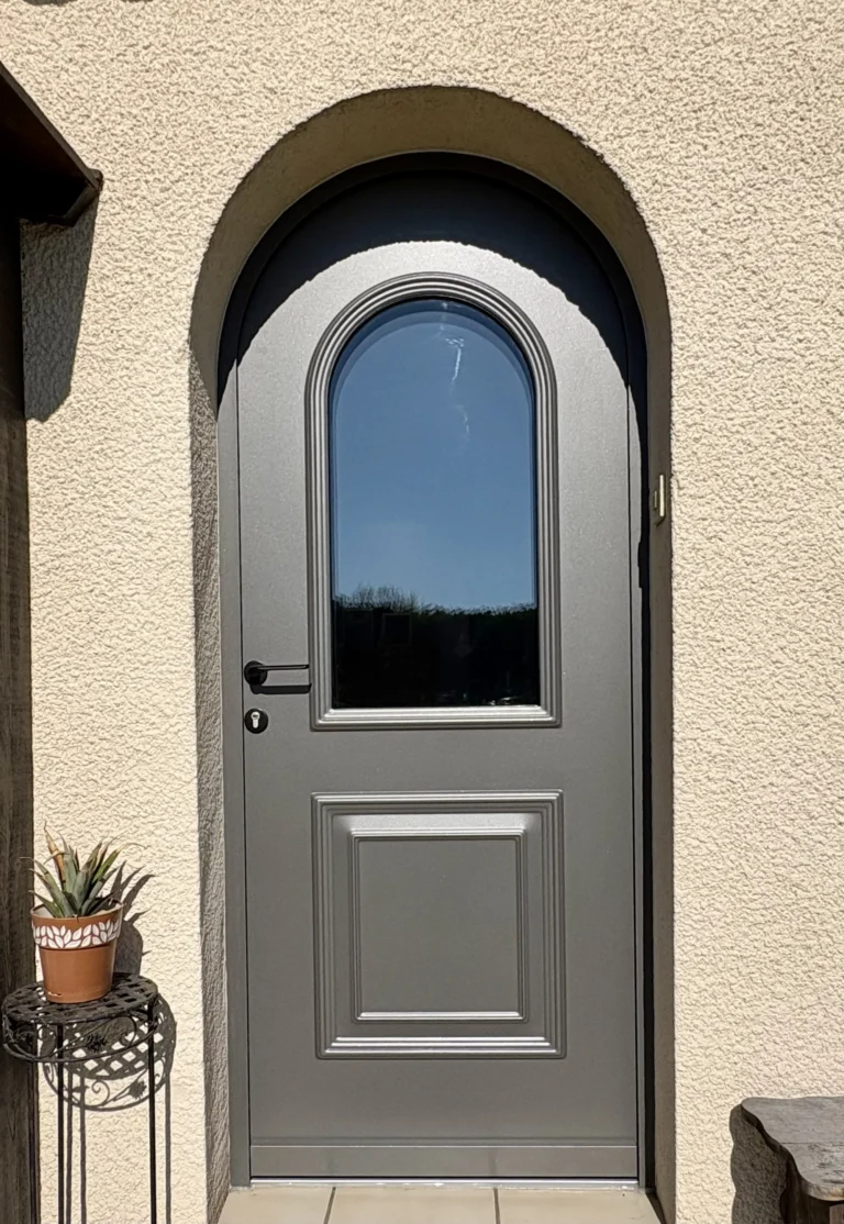 Porte d'entrée aluminium gamme Monalu TOSCANE avec vitrage plein cintre, gris sablé 2900, à Andernos-les-Bains